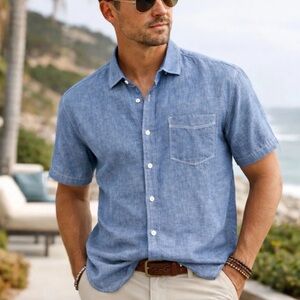 Tommy Bahama Blue Linen Chambray Short Sleeve Camp Shirt Button Up M